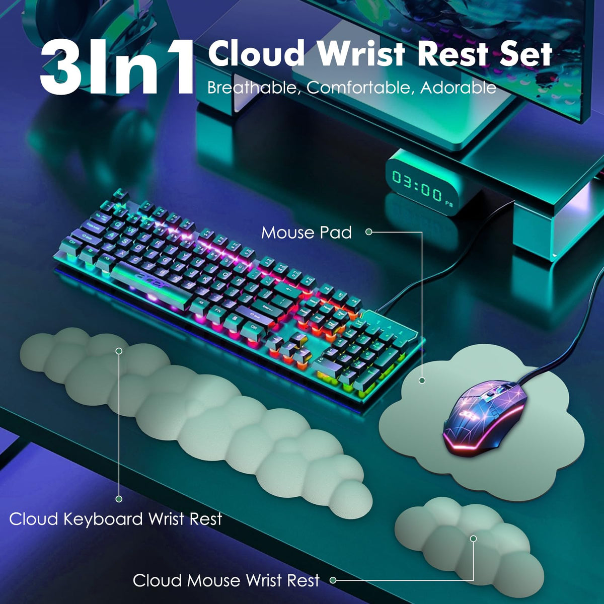 MoKo Cloud Wrist Rest for Keyboard and Mouse with Mouse Pad, Green