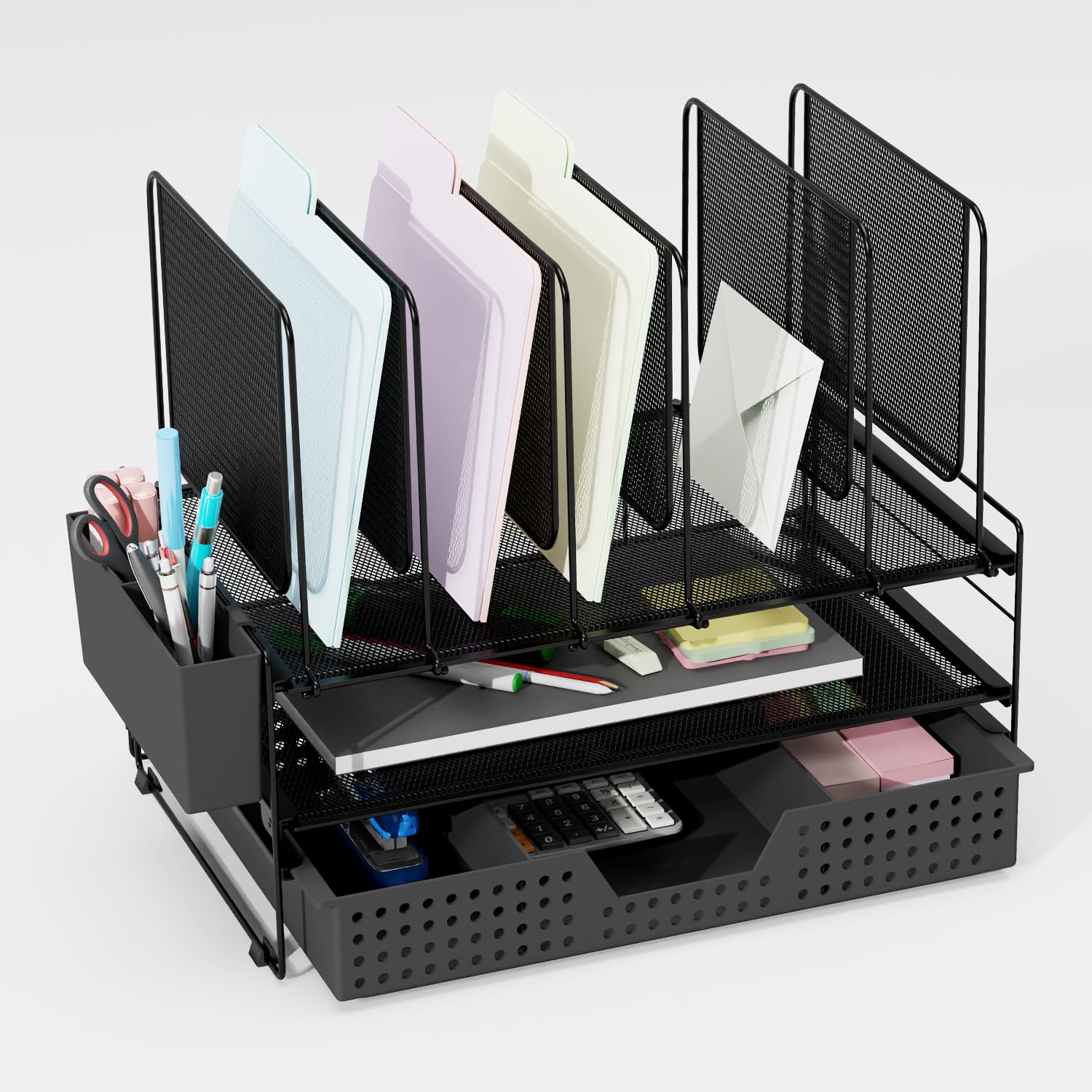 LEKETREE Desk Organizer, Office Organization with Vertical File Holder, File Organizer with Drawer