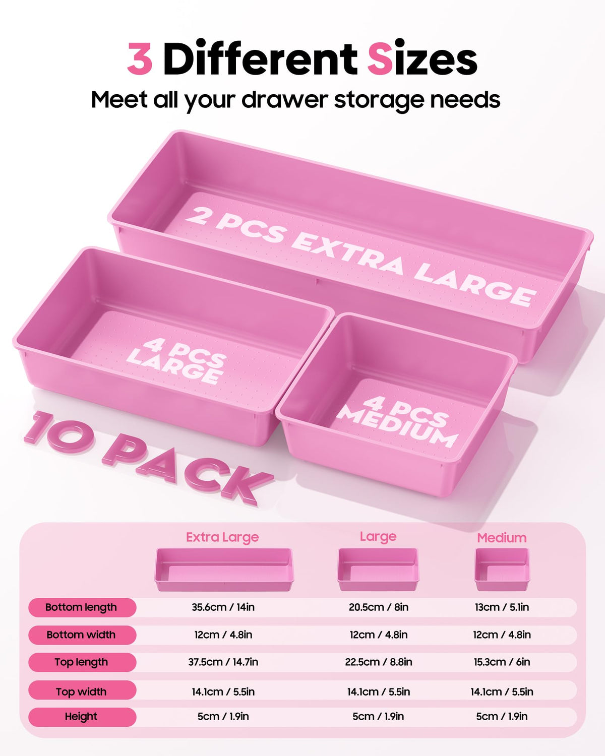MLIKLU 10 Pack Large Size Plastic Drawer Organizers Set, 3 Sizes Desk Drawer Organizer Trays