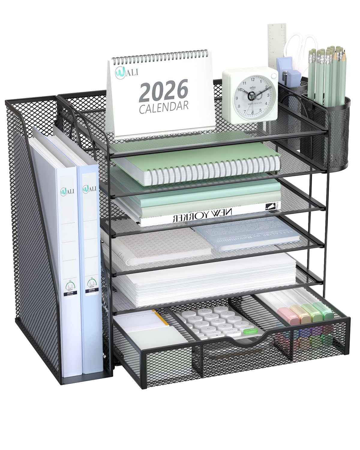 WALI Desk File Organizer, 6 Tier Desktop Paper Letter Tray Organizer with Drawer and 2 Pen Holders