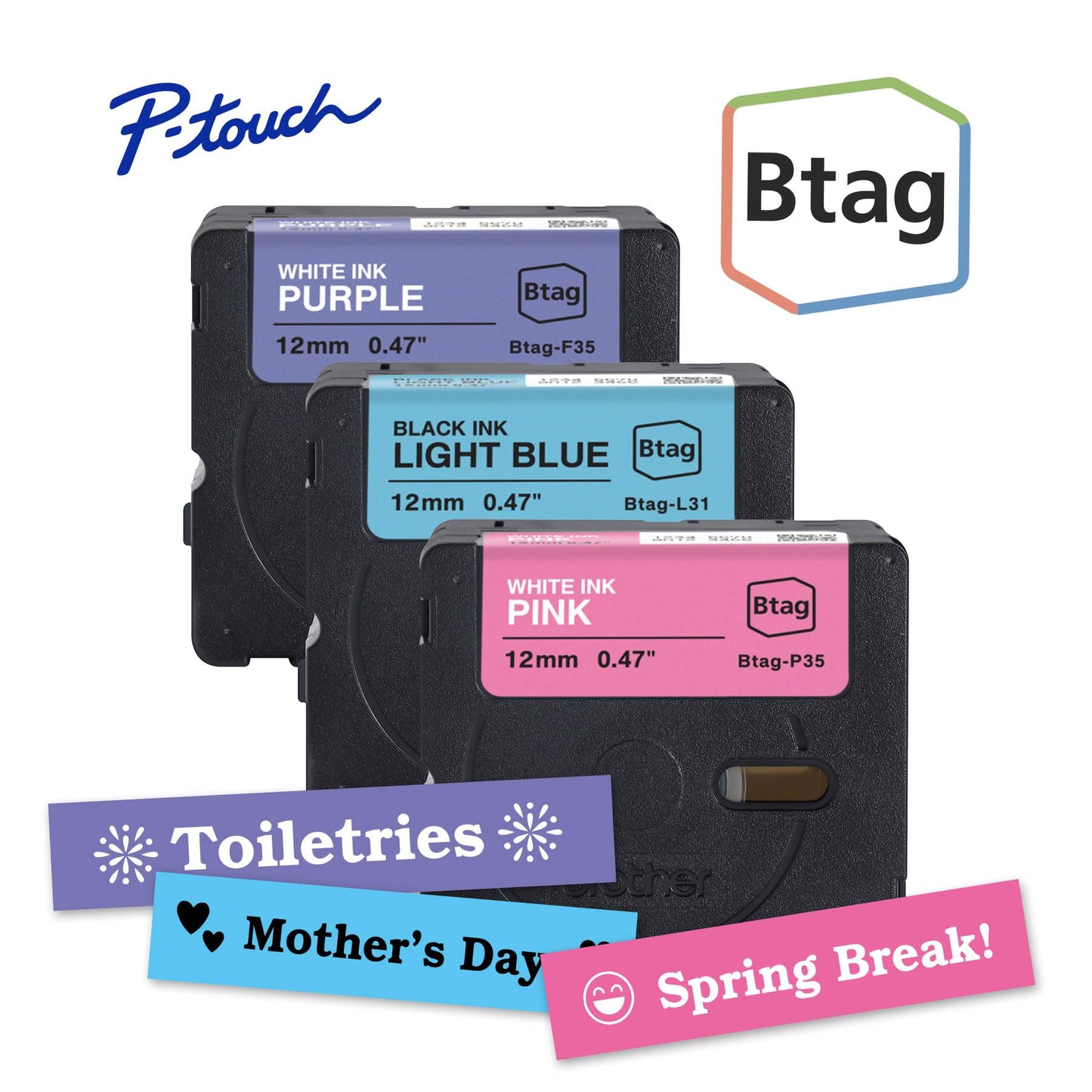 Brother Genuine P-Touch Btag Label Tape, BTAG3M02, 0.47 in by 13.1 ft, White on Purple, Black on