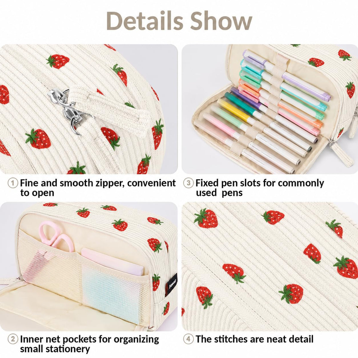 Sooez Big Capacity Pencil Case Pen Pouch, Soft Corduroy Pencil Bag with 3 Compartment, Multiple