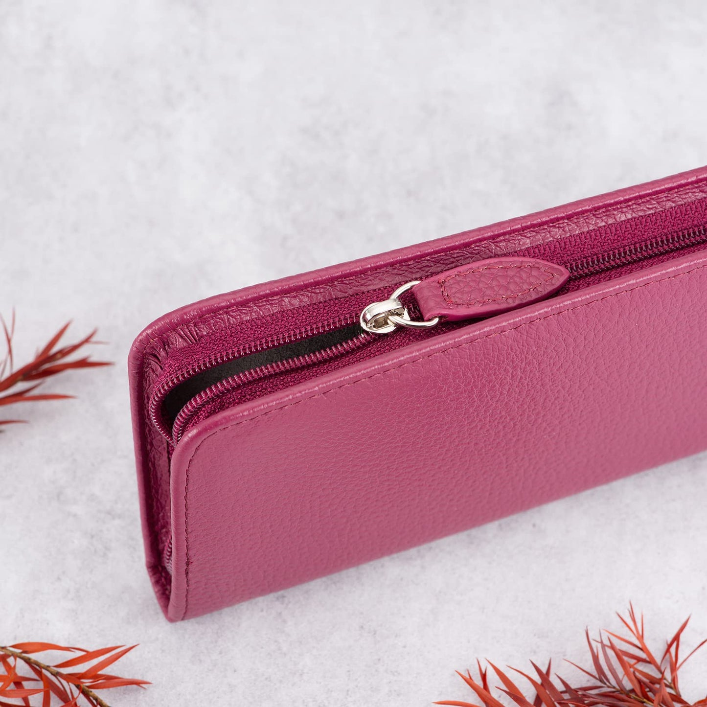 Lanxivi Genuine Leather Fountain Pen Case 3 Divided Slots Wine Red Color, Zippered Pen Case Pouch