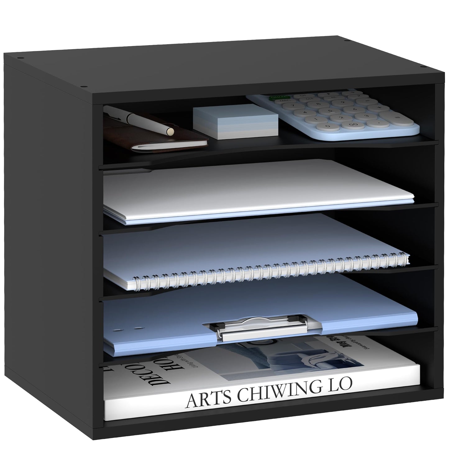 5 Tier Wood Desk Organizer, Mail Sorter and Paper Organizer for Desk, Black