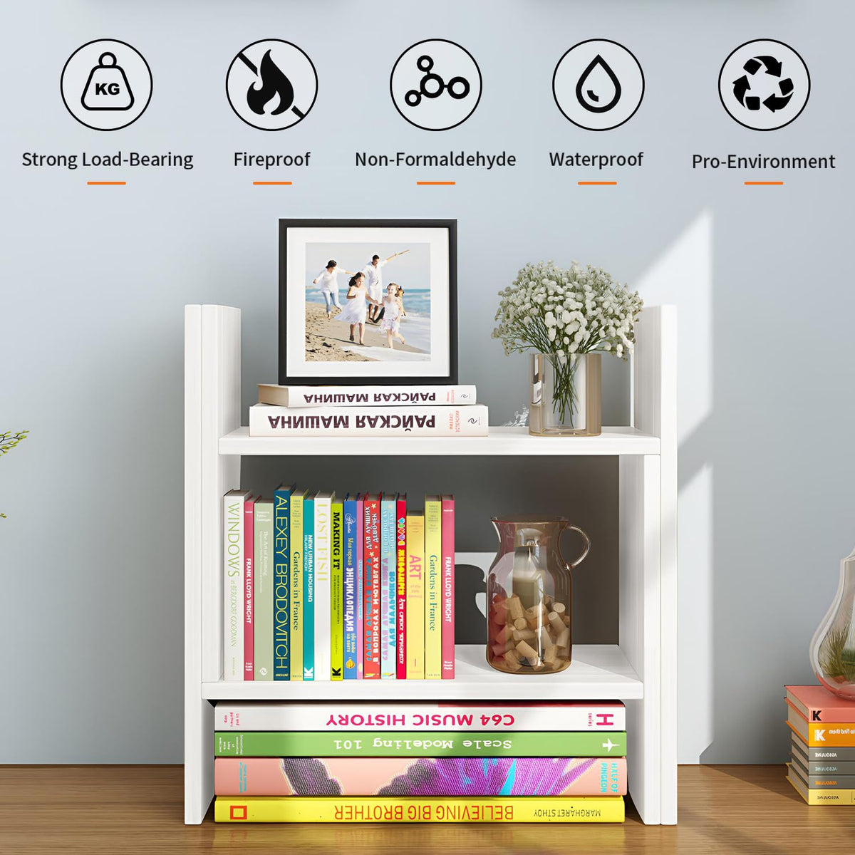 JLD Wood Adjustable 5-Shelf Desktop Bookshelf, Expandable Office Storage Rack, White
