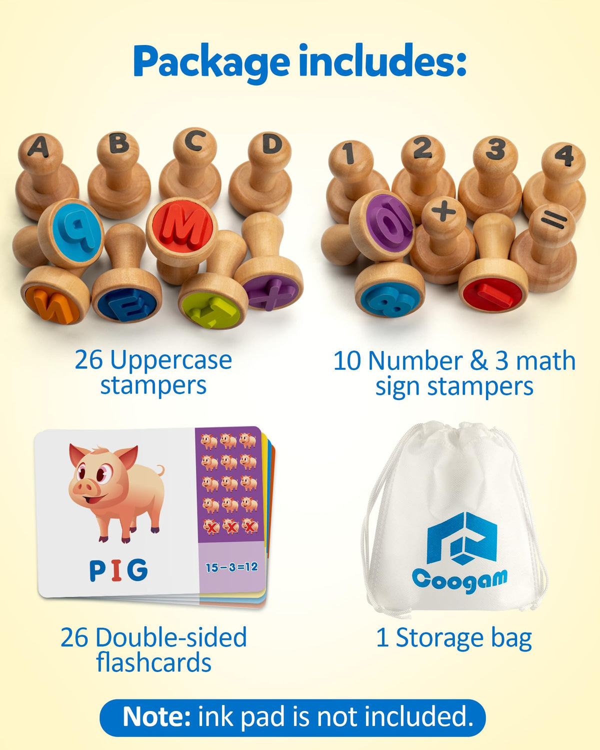Coogam Wooden Alphabet Number Stamp Flashcard, ABC Spelling Letter Stampers and Mathematics