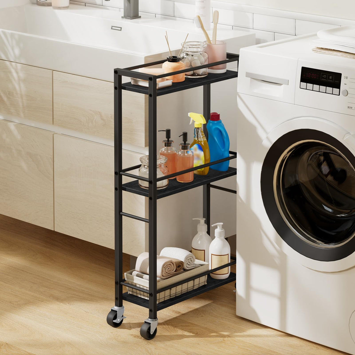 MAHANCRIS Slim Rolling Cart, Mobile Kitchen Cart on Wheels, Narrow Storage Cart for Small Space