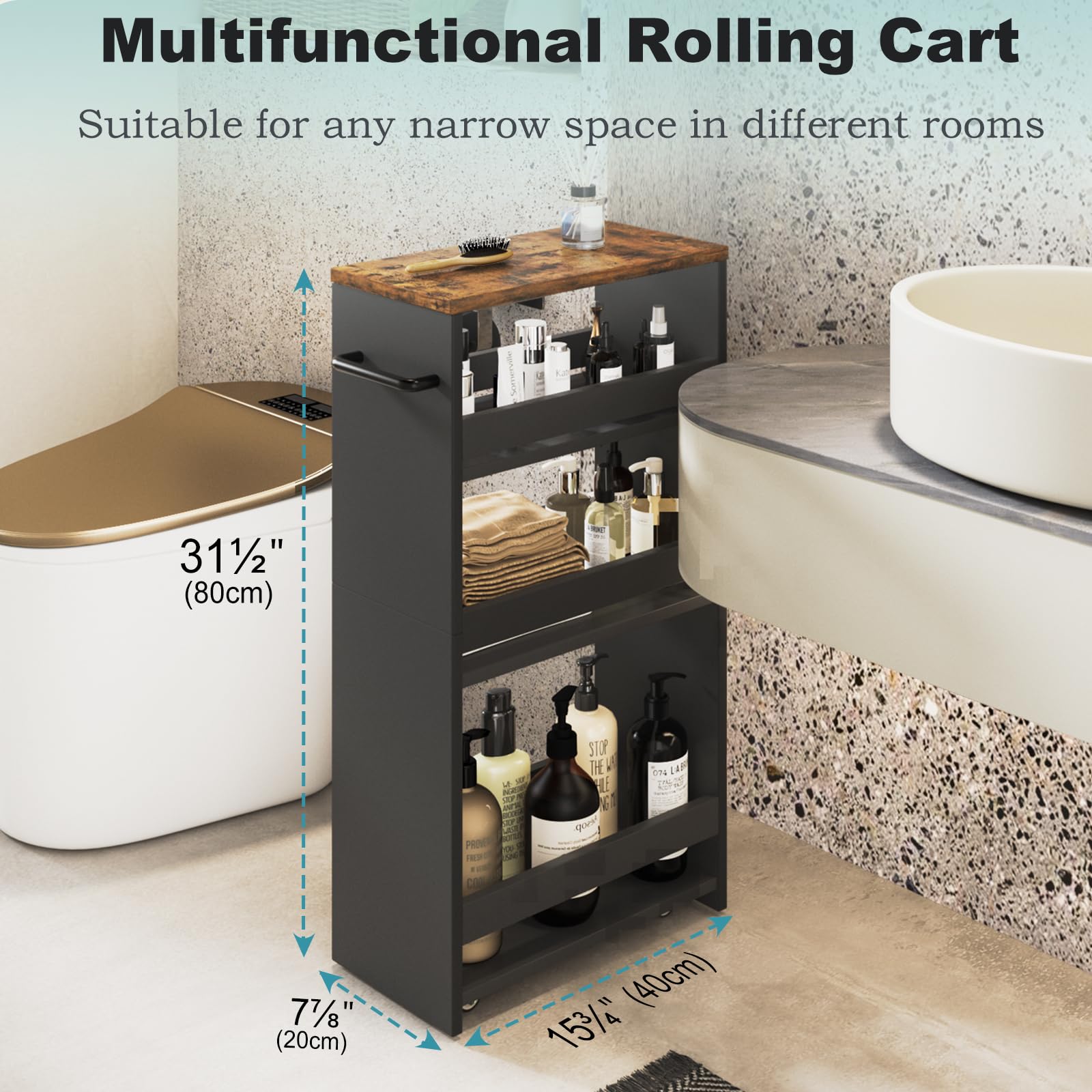 MARTY Slim Rolling Storage Cart 7.9" W Laundry Cart with Wheels,Brown+Black