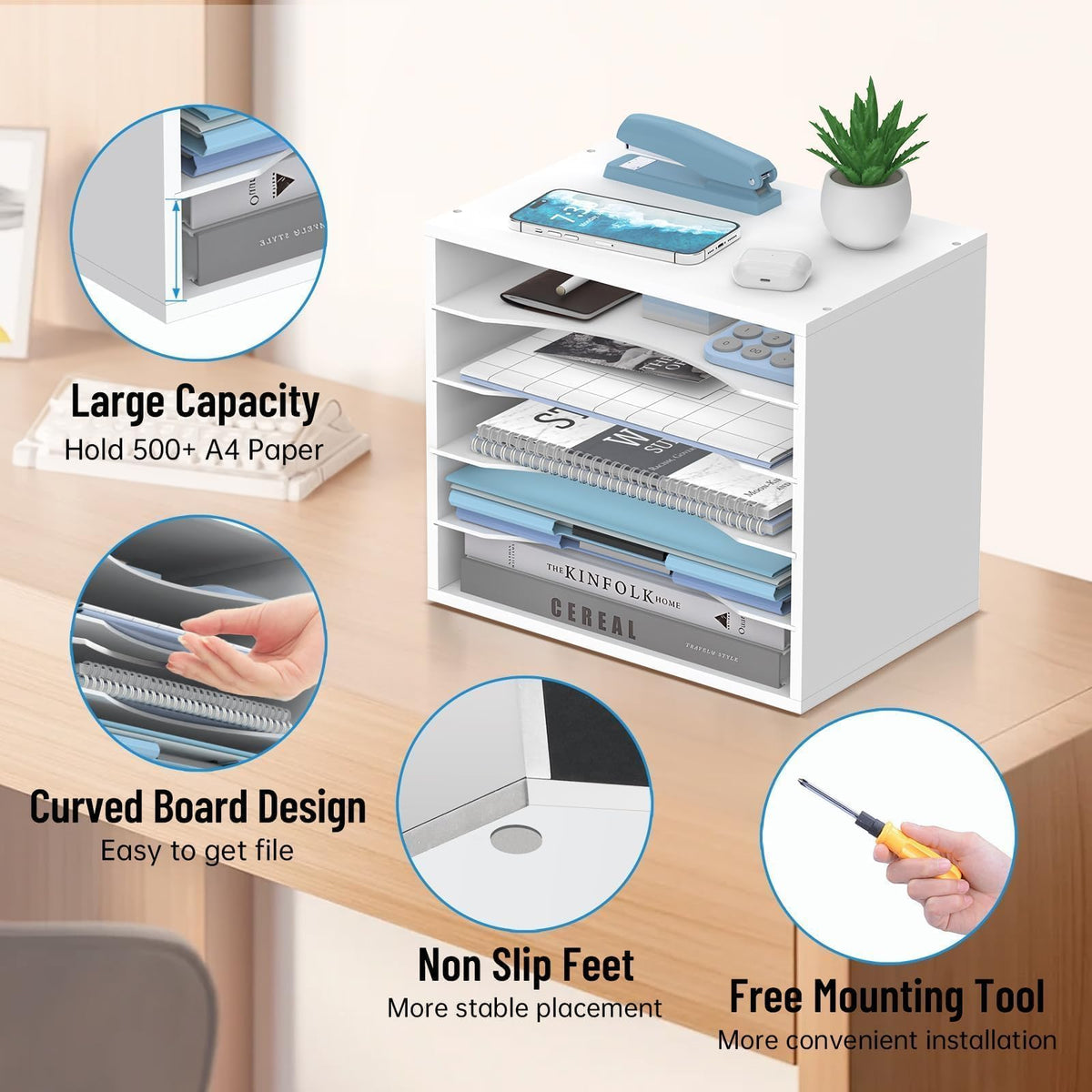 5-Tier Paper Organizer for Desk, Adjustable Mail Organizer, White