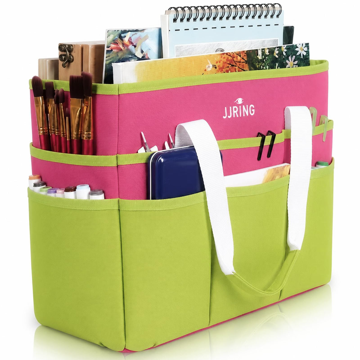 JJRING Craft Organizer Tote Bag Large Art Storage Caddy Bright Green&Red