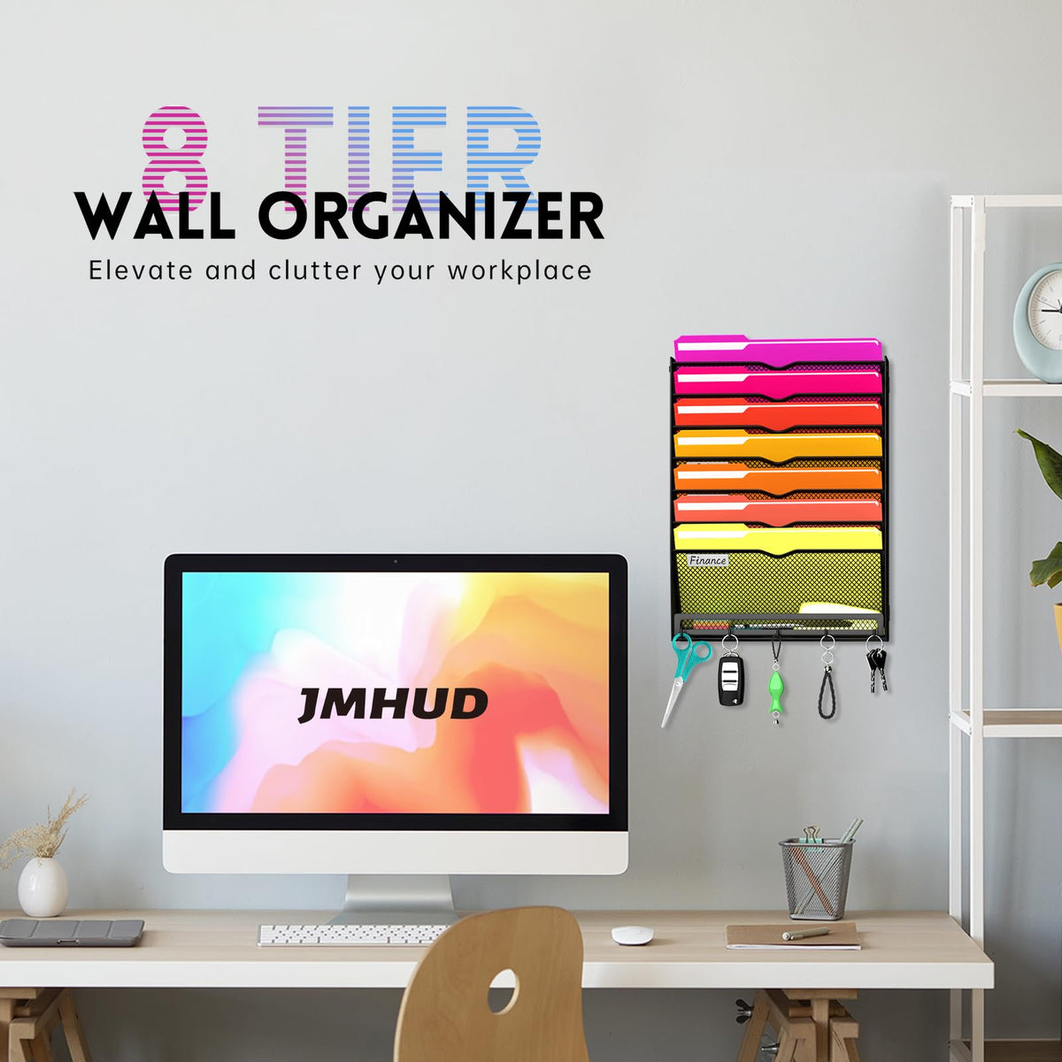 8-Tier Wall File Organizer with Base and Hooks, Hanging Organizer, Black