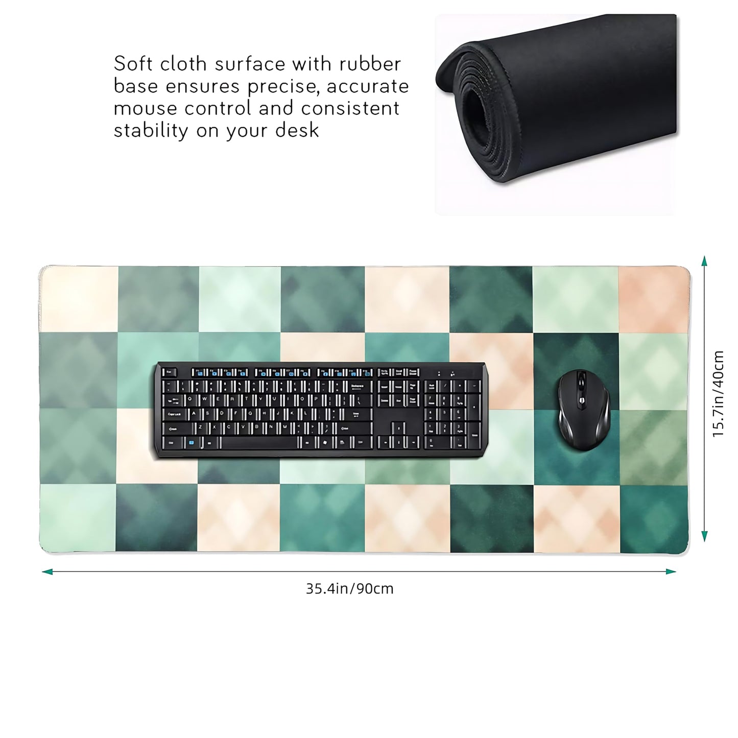 Cute Aesthetic Checkered Gaming Mouse Pad, Pastel Boho Desk Mat with Anti-Slip Base & Stitched