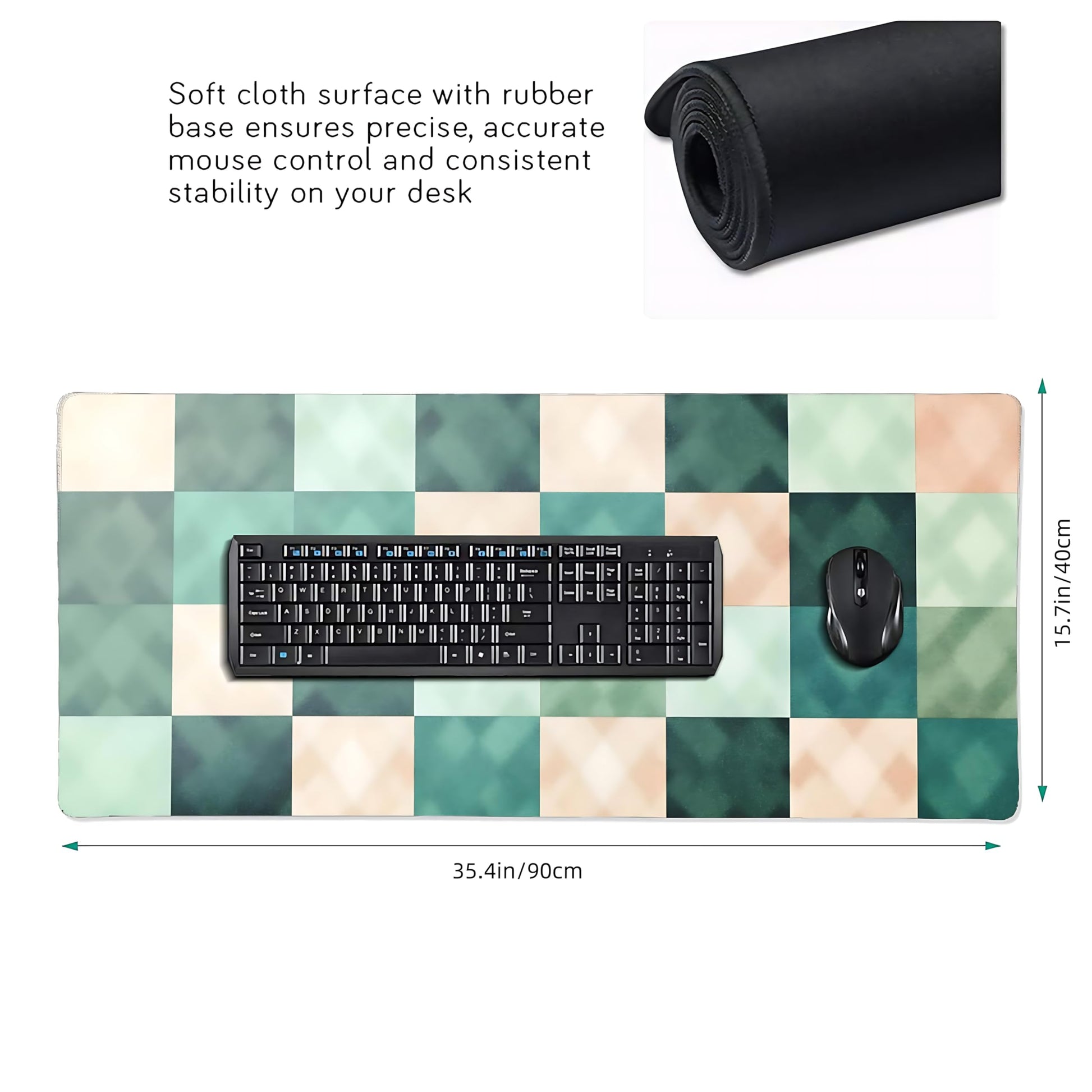 Cute Aesthetic Checkered Gaming Mouse Pad, Pastel Boho Desk Mat with Anti-Slip Base & Stitched