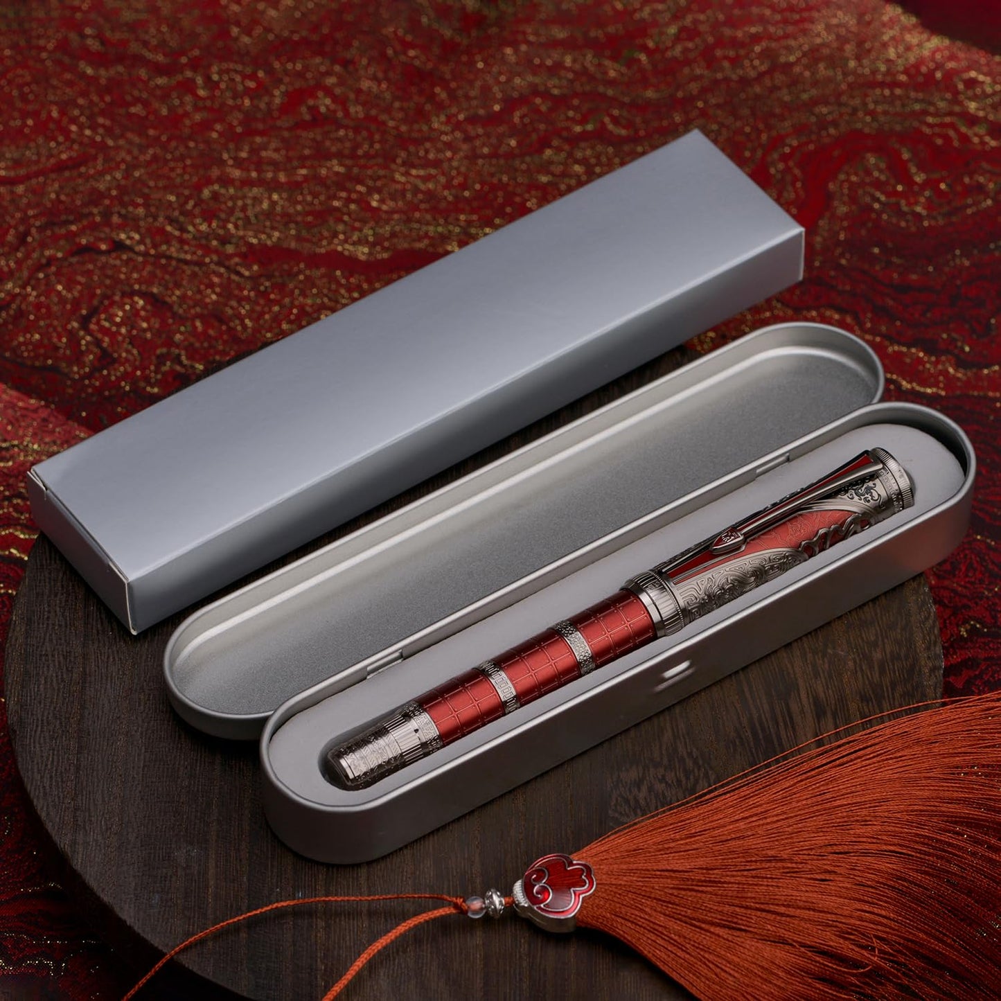 Hongdian D5X Fountain Pen Fine Nib Red Color, Qin Dynasty Retro Chinese Totem Engraving Smooth