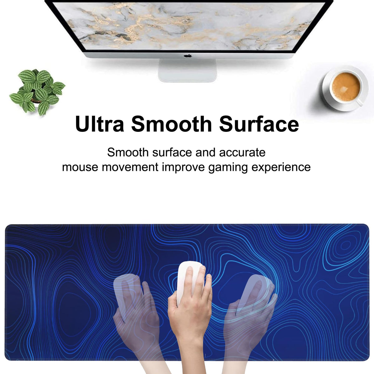 Abstract Topography Design Desk Mat,Large Dark Blue Topographic Line Art Gaming Keyboard Mouse