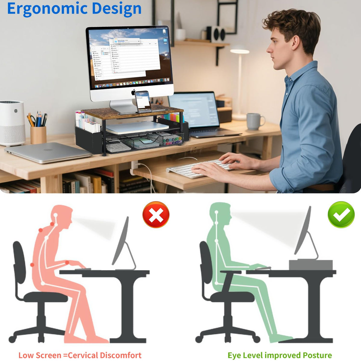AUPSEN Wood Desk Organizers and Accessories, 2-Tier Computer Monitor Stand Riser with Drawer, Pen