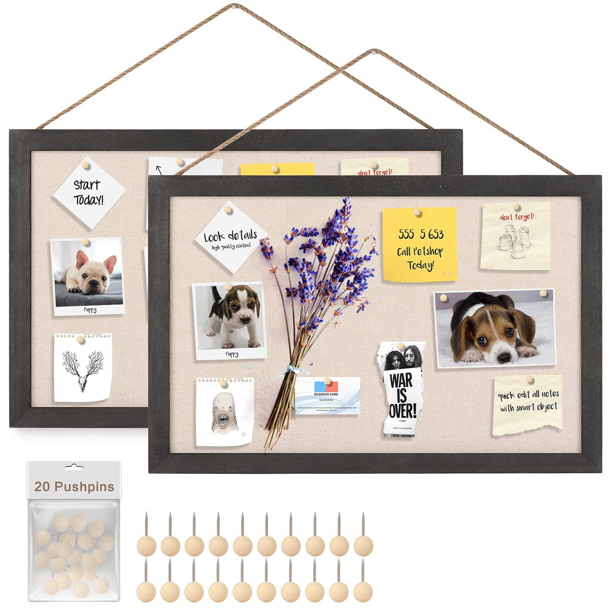 Miratino 2-Pack Cork Board with Linen 16x11 inch Bulletin Board Wall Decor Hanging Pin Wood Framed