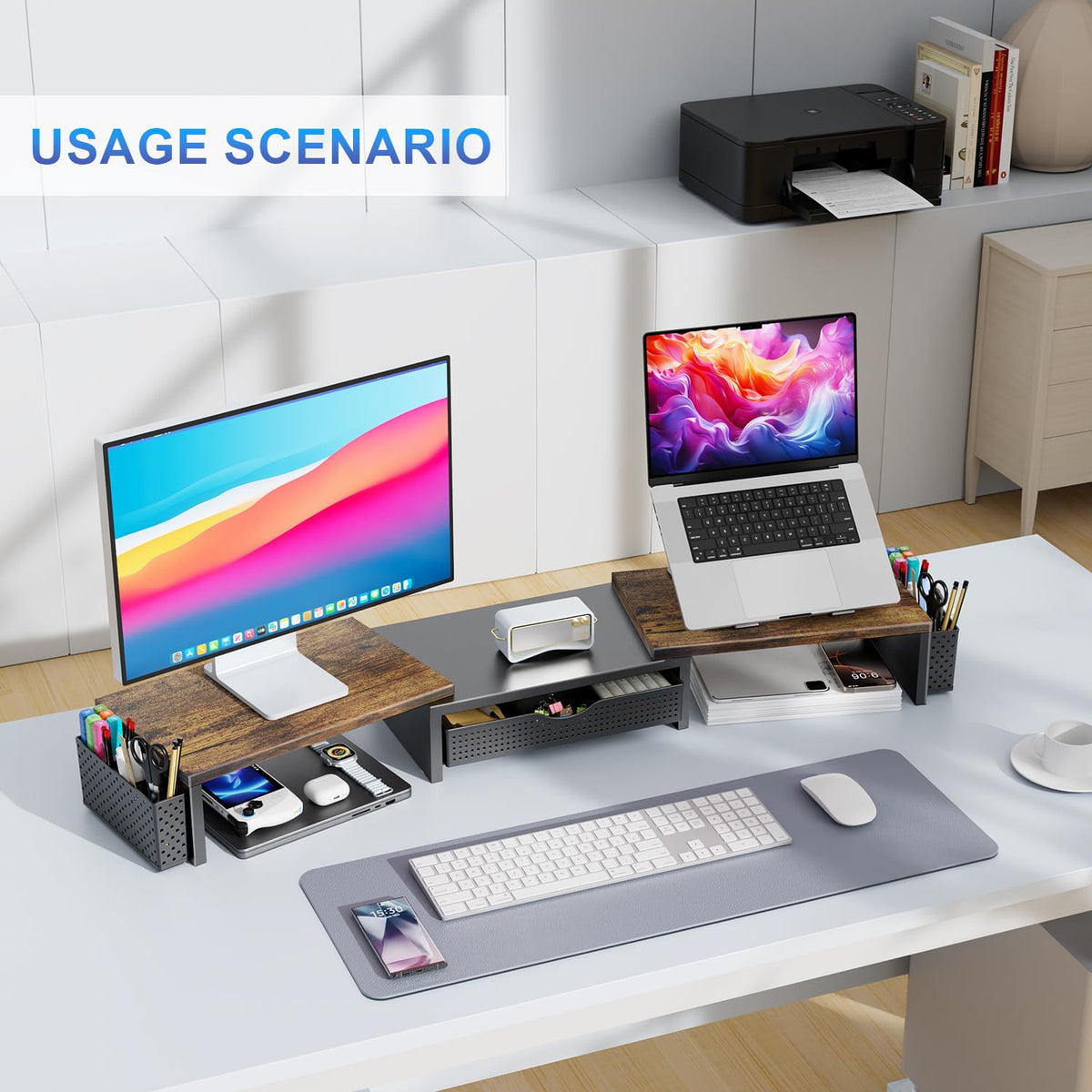 gianotter Dual Monitor Stand Riser With Drawer and 2 Pen Holders
