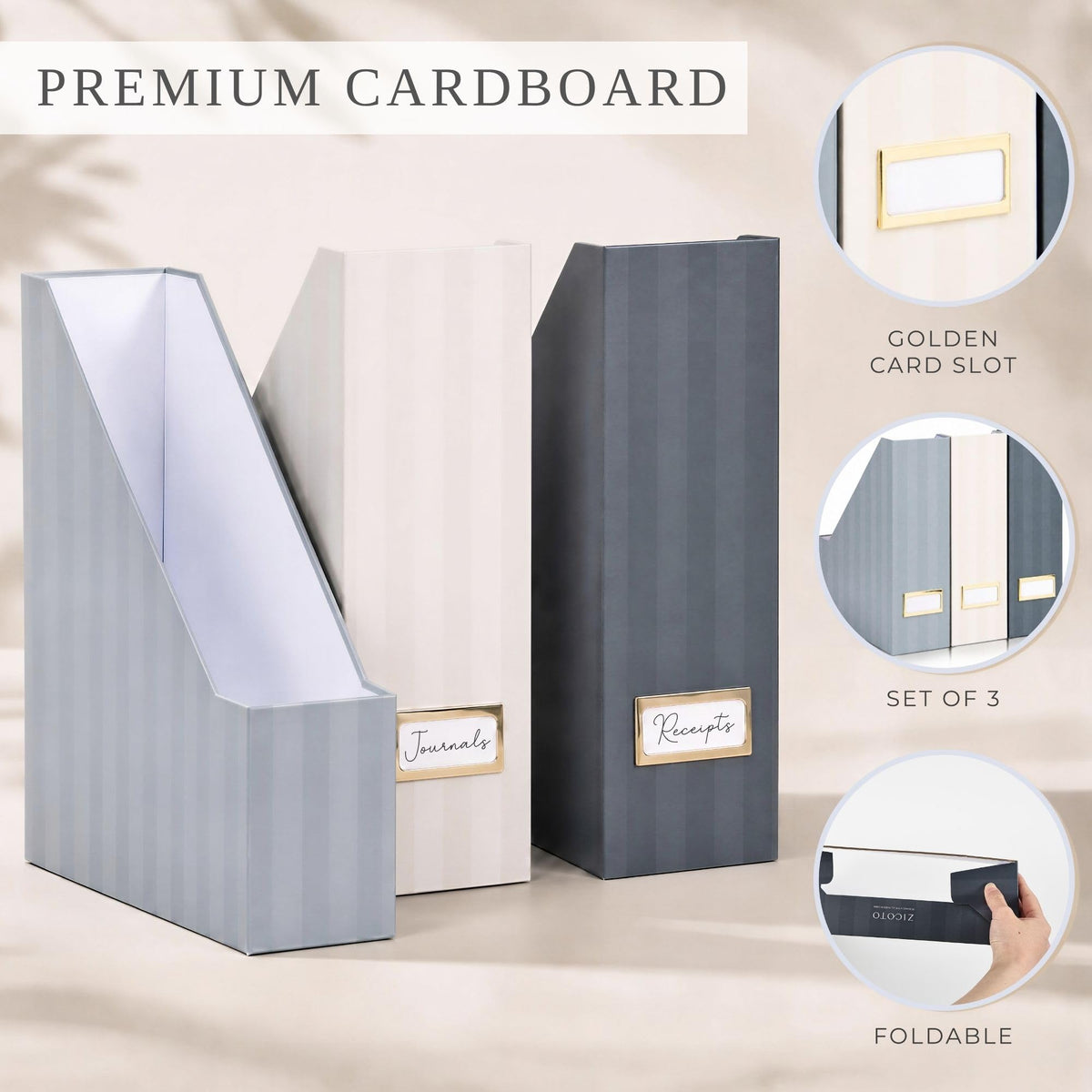 Beautiful Magazine Holder Set of 3 - Sturdy File Holder for Desk or Shelves
