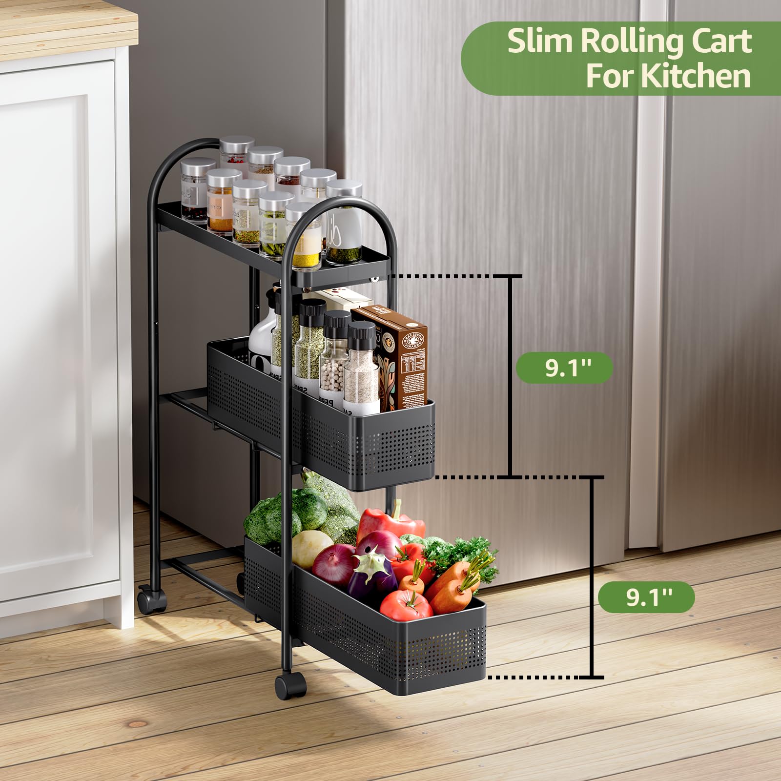 KINGRACK 3 Tier Slim Rolling Cart with Drawer, Metal Utility Storage Cart