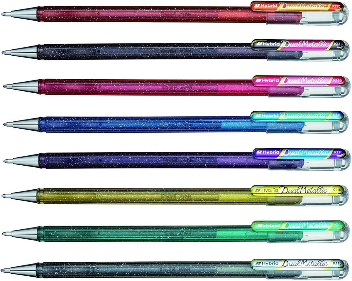 Pentel Hybrid Dual Metallic Liquid Gel Roller Pen YK110/8-M - Pack of 8 Pens in 16 Shimmering