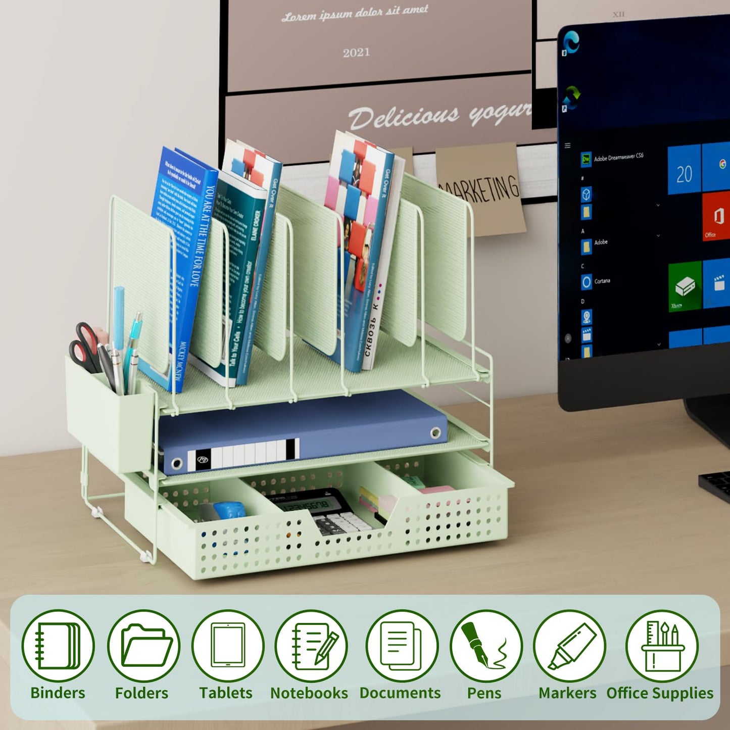 LEKETREE Green Desk Organizer, Office Organization with Vertical File Holder, File Organizer with