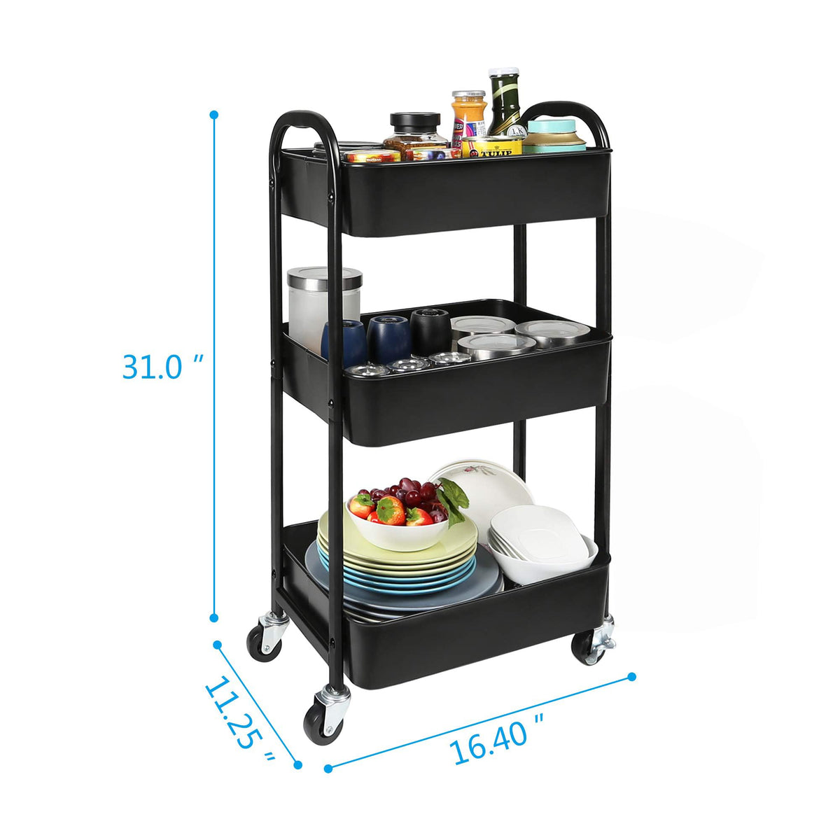 3-Tier Rolling Utility Cart with Caster Wheels Easy Assembly, Black
