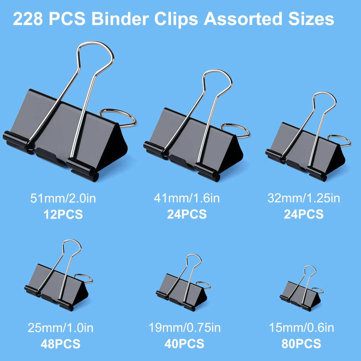 228 PCS Binder Clips Paper Clamps Assorted Sizes,Extra Large Medium Small Mini and Micro,Black