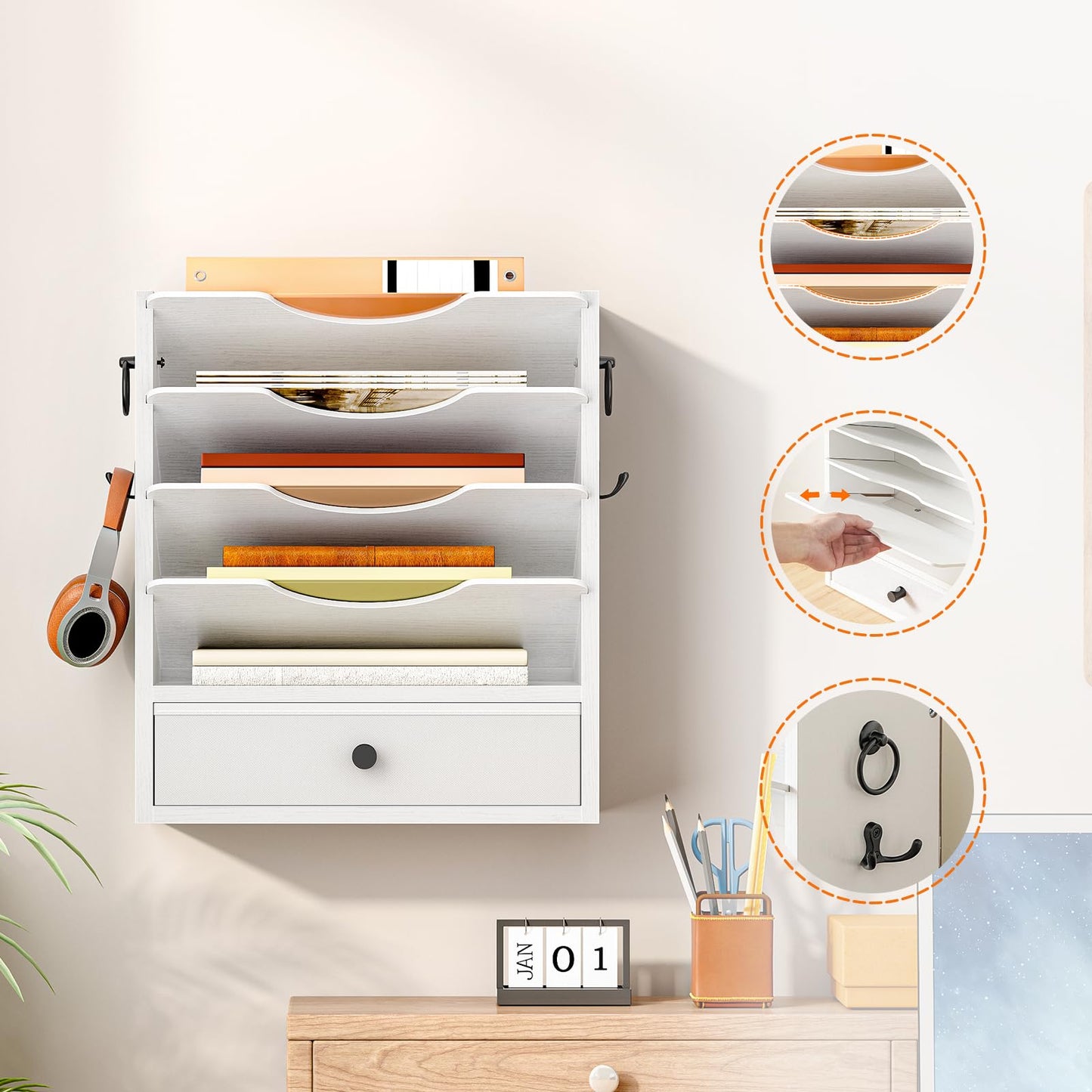HOOBRO Wall File Organizer, Mail Organizer Wall Mounted, Wooden Literature Organizer, Construction