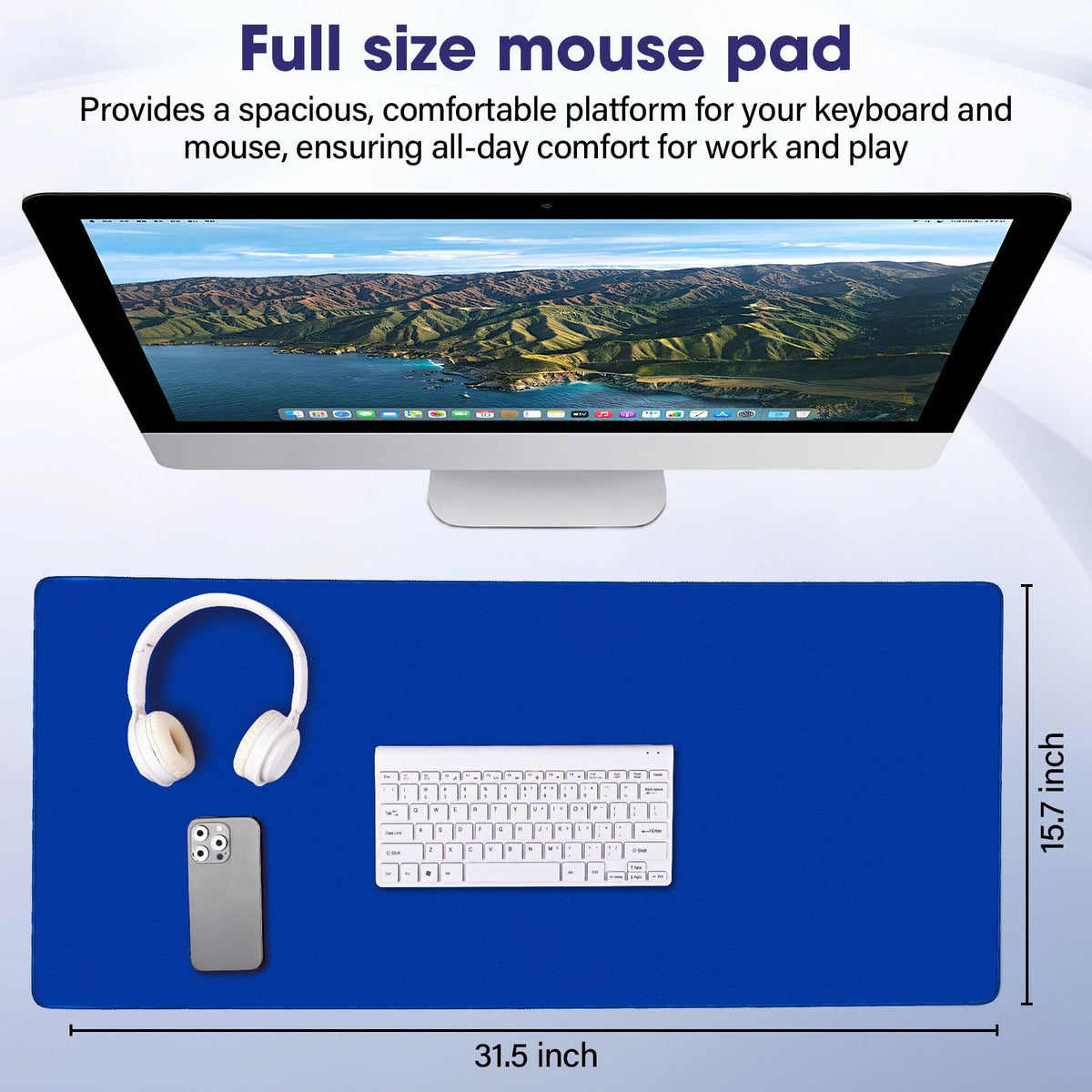 31.5" x 15.7" Waterproof Fabric Office Desk Pad, Rubber Anti-Slip Base,Blue