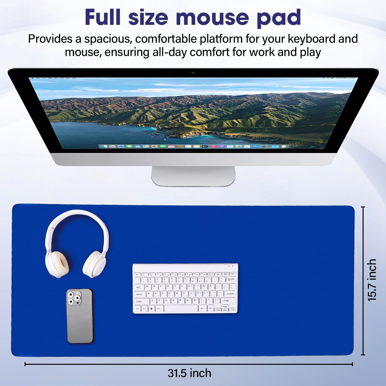 31.5" x 15.7" Waterproof Fabric Office Desk Pad, Rubber Anti-Slip Base,Blue