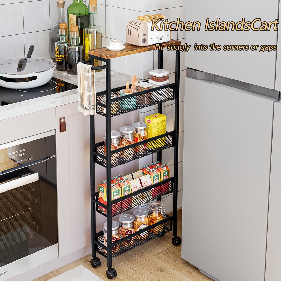 AZERPIAN Slim Rolling Cart 5 Tier Narrow Storage Cart on Wheels with Handle