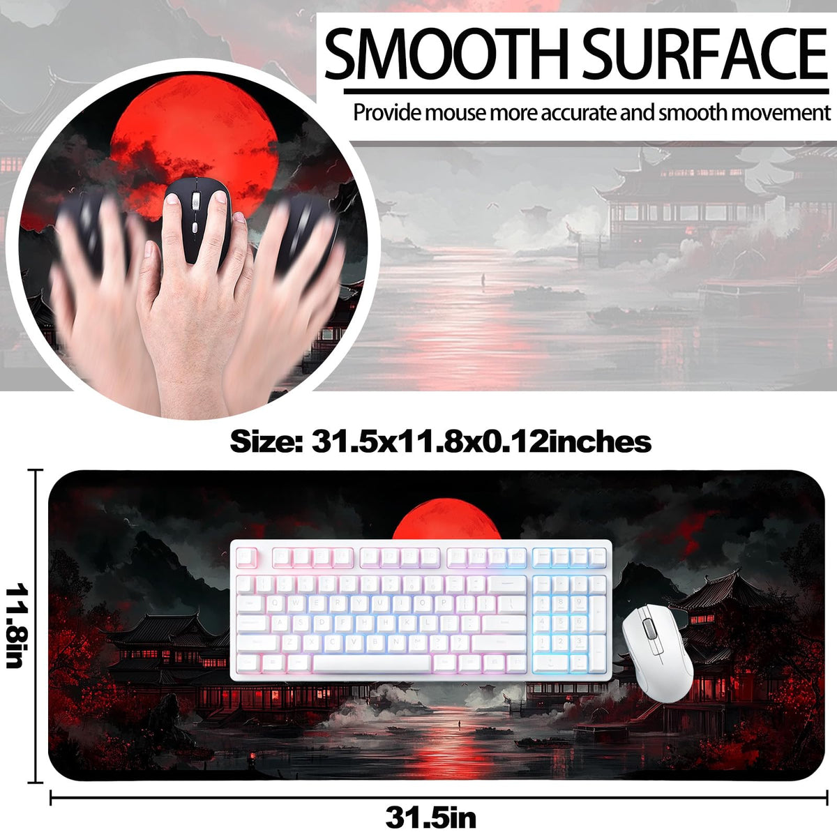 JIANG100 Moonlit Japanese Lake Scene Gaming Desk Mat, XL Extended Mouse Pad