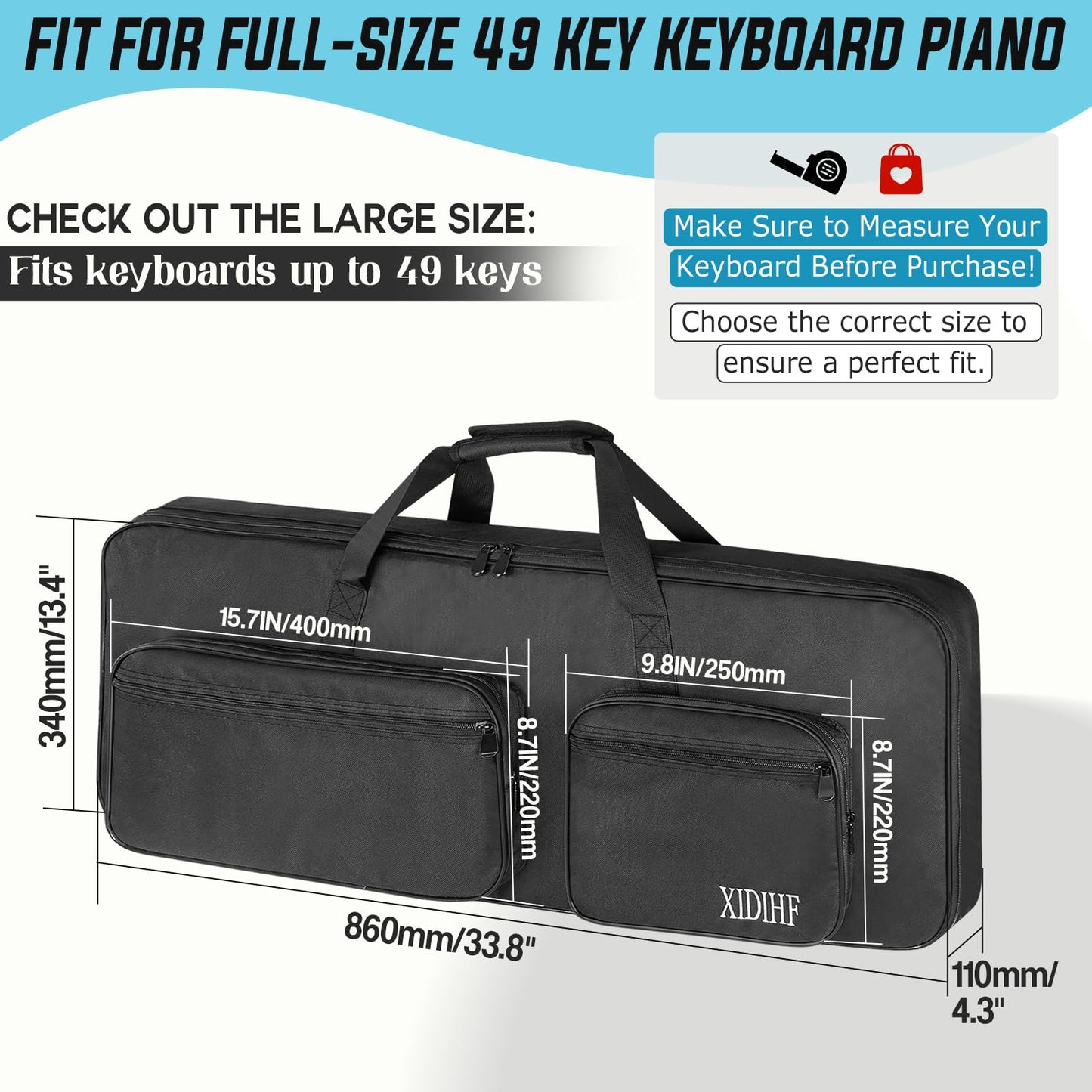 XIDIHF 49 Key Keyboard Gig Bag 10mm Padded Full Protection with Adjustable Straps, 4 Pockets for