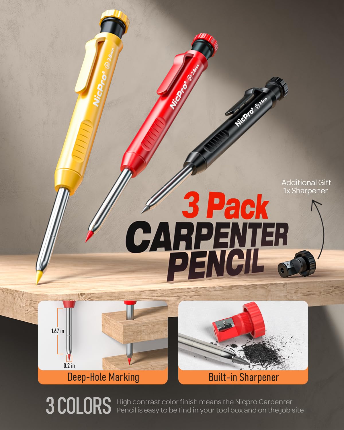 Nicpro 16 Pack Mechanical Carpenter Pencil Set with 42 Refill & Scribe Tool