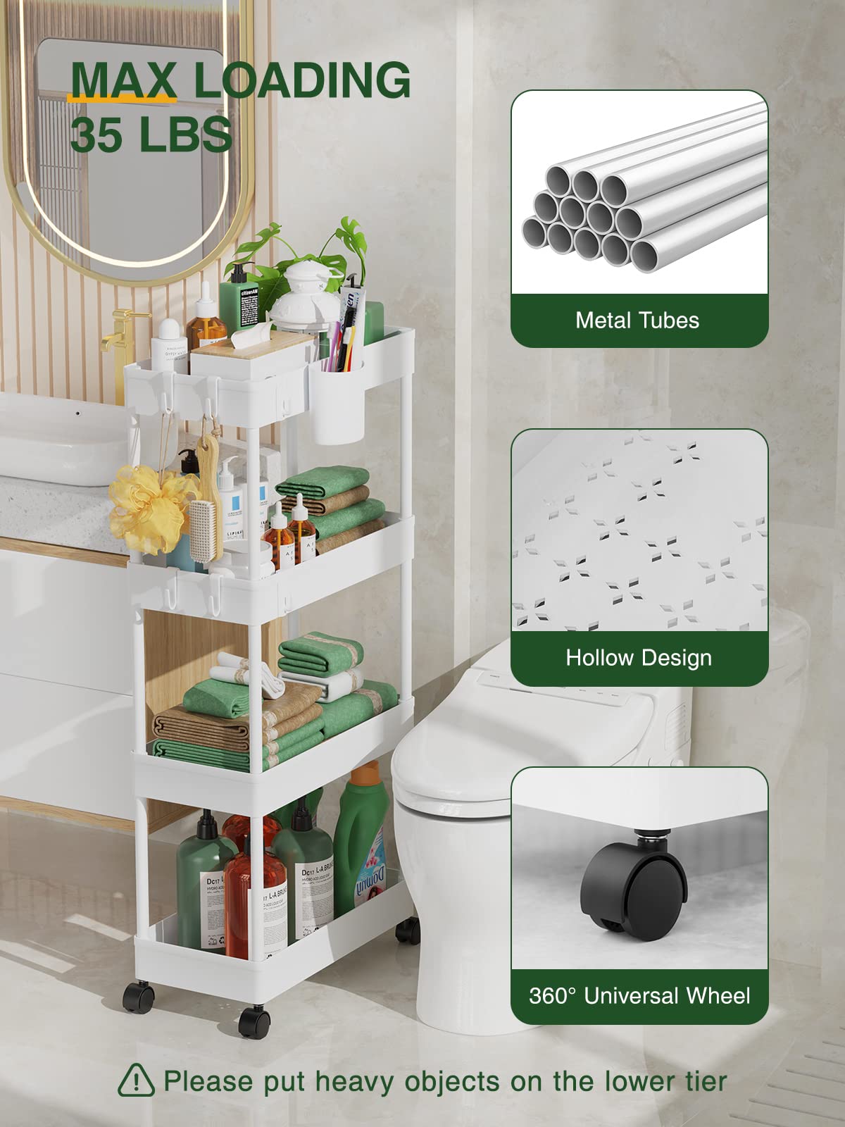 LEHOM Slim Rolling Storage Cart - 4 Tiers Bathroom Organizer Utility Cart