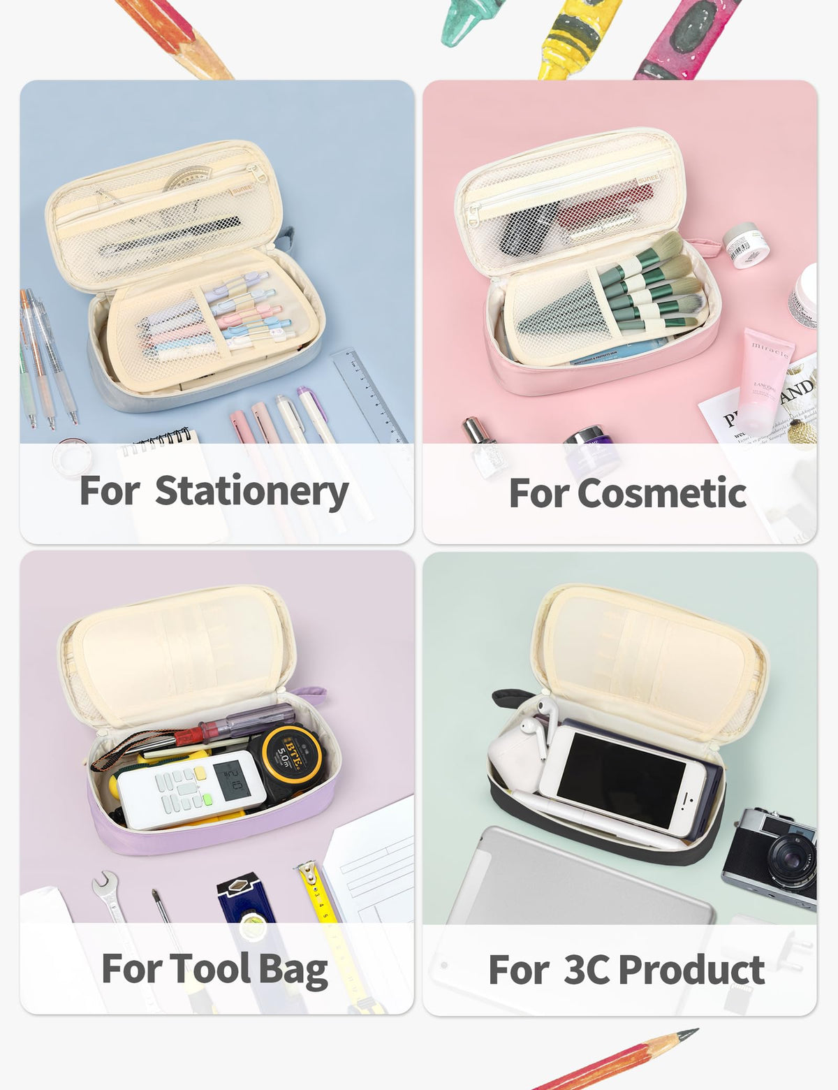 SUNEE Cute Pencil Case, Aesthetic Pen Pouch, Colored Large Pencil Bag with Zipper, Kawaii