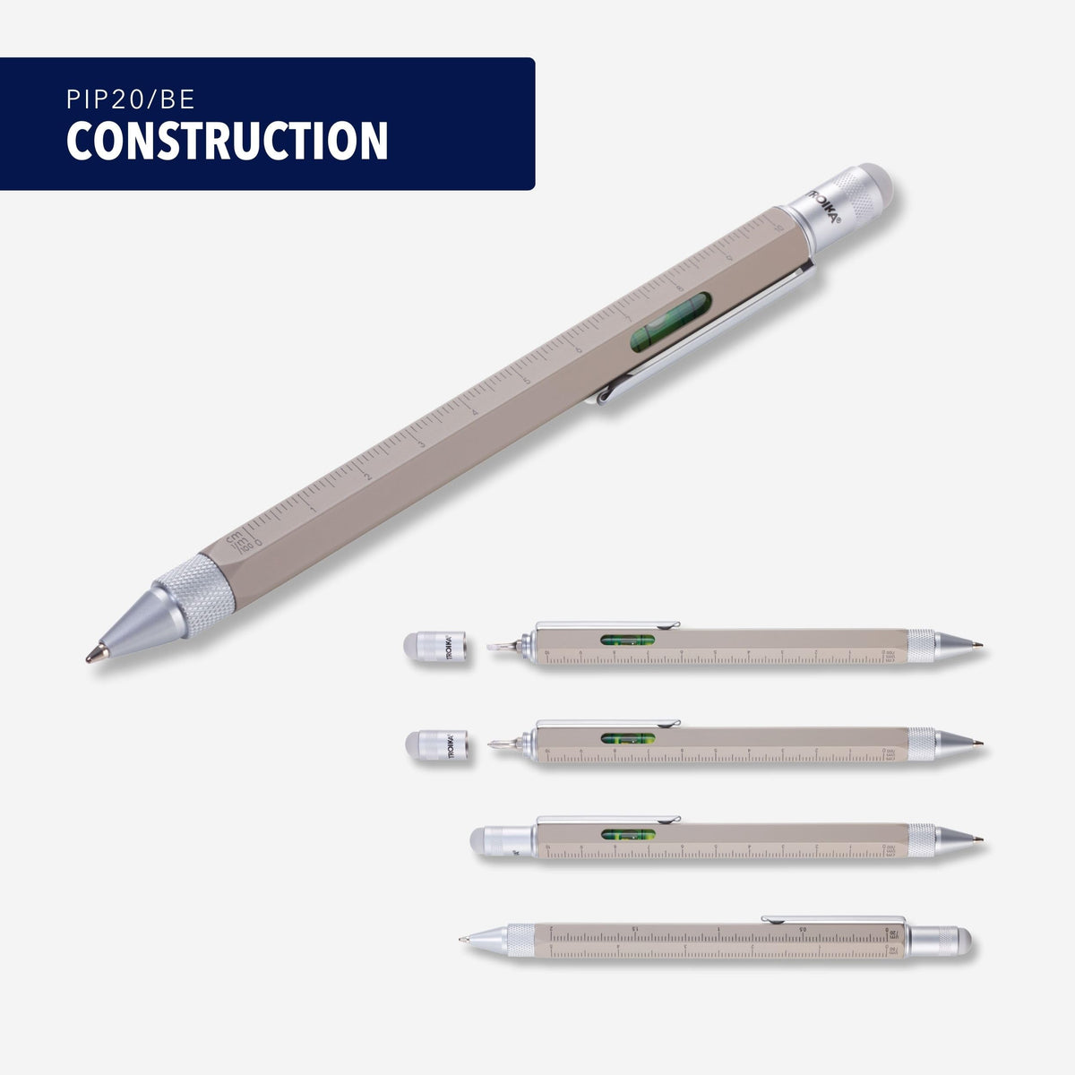Troika Construction - PIP20/BE - Multitasking ballpoint pen in concrete look – centimetre/inch