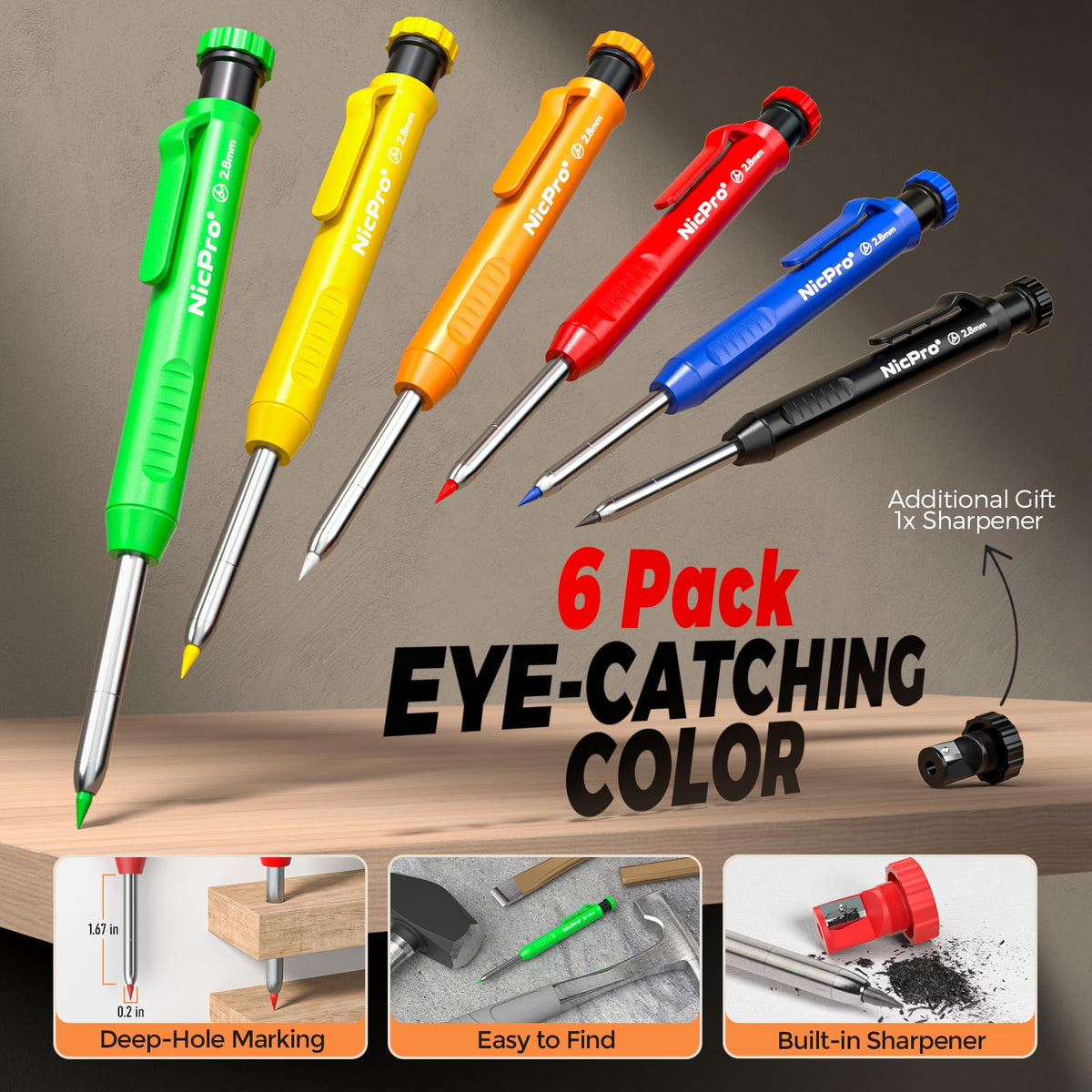 Nicpro CP1000 Carpenter Pencils with Sharpener, 6 Pack