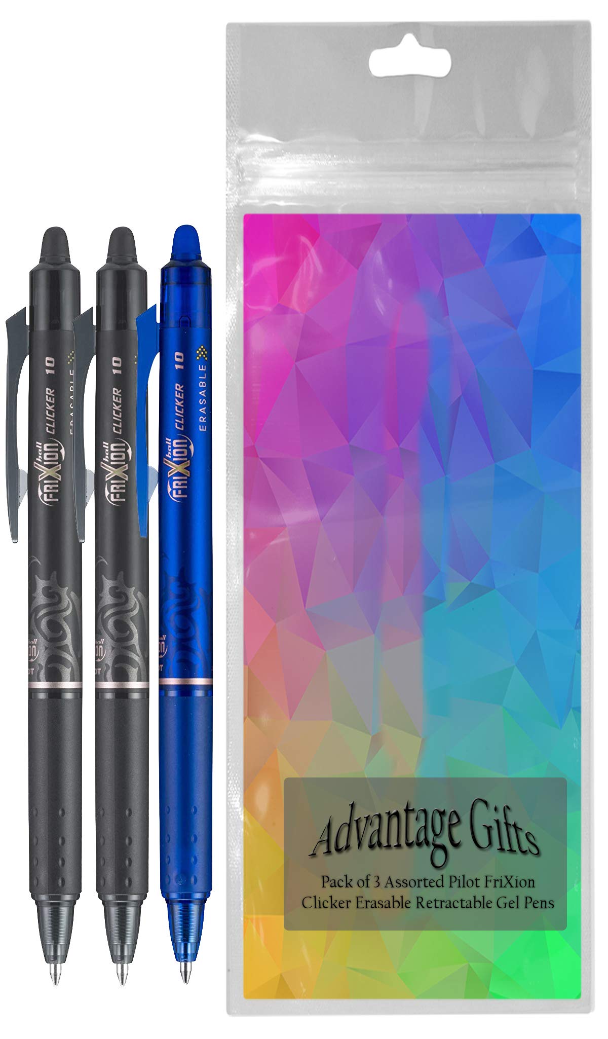 Clicker Retractable Erasable Gel Pen, Black/Blue, Bold Point, 3-pk;