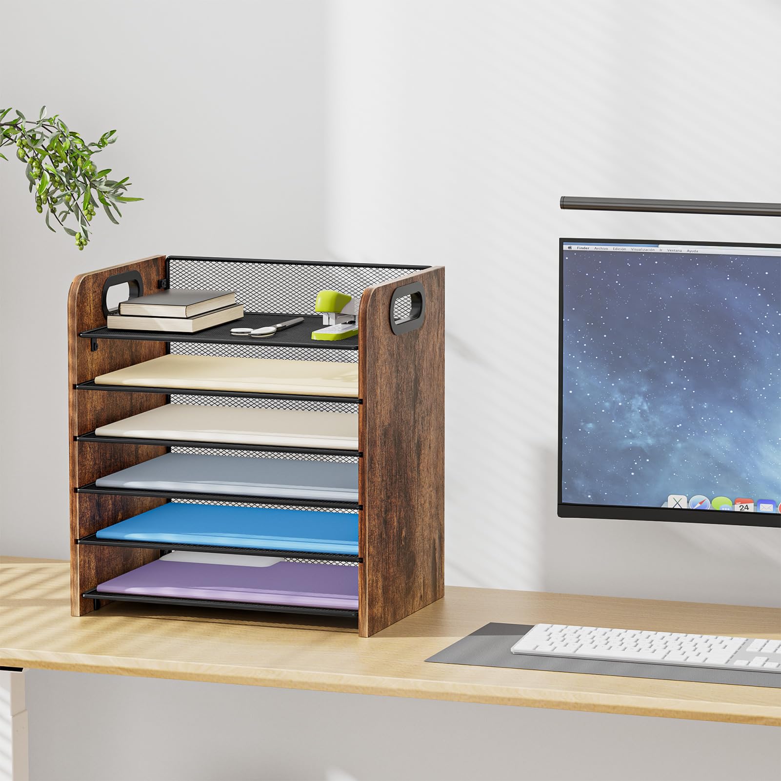 Marbrasse 6 Tier Paper Organizer Letter Tray - Wooden Desk File Organizer with Handle, Paper Sorter