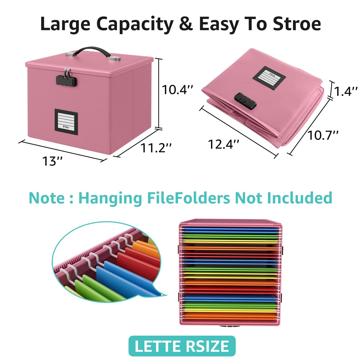 Pink Fire Proof File Box for Documents - Portable Fireproof Document Organizer Box with Handle