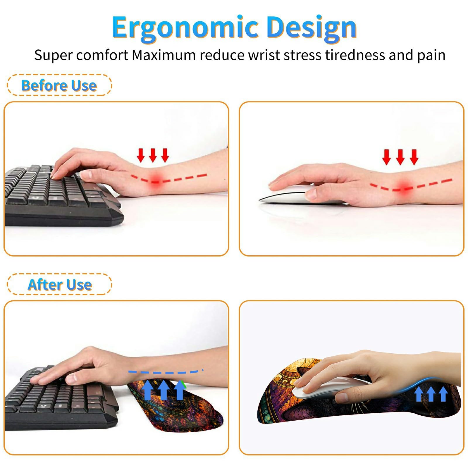 3-in-1 Ergonomic Memory Foam Keyboard Wrist Rest Pad Set, Colored Glass Cat