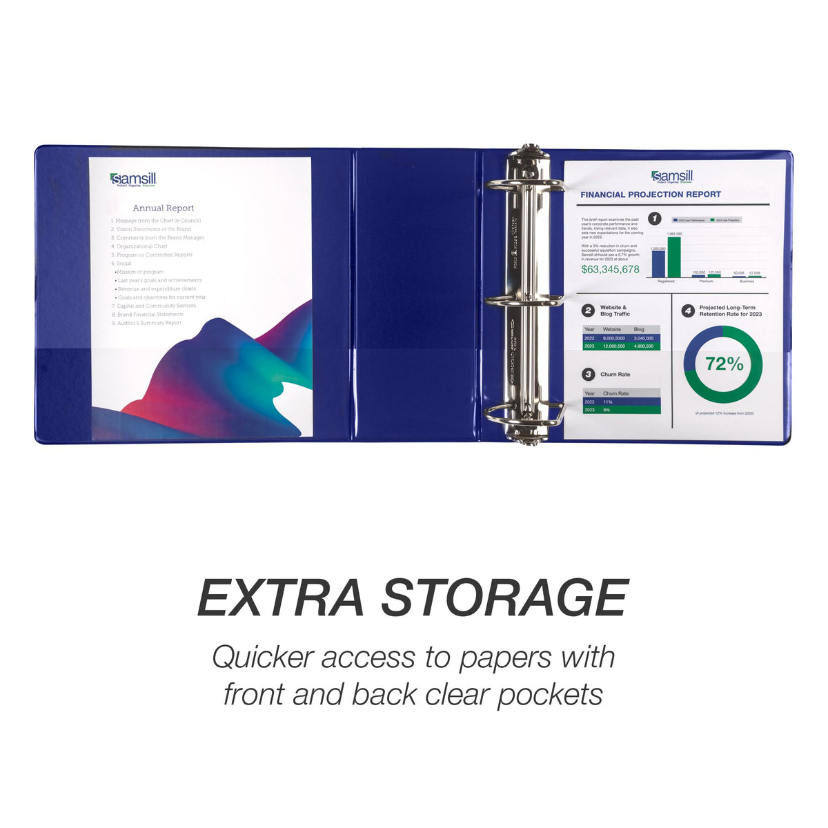 Samsill Durable 5 Inch 3 Ring Binder, D Ring Binder, Customizable Clear View, Blue, Holds 1070 Pages