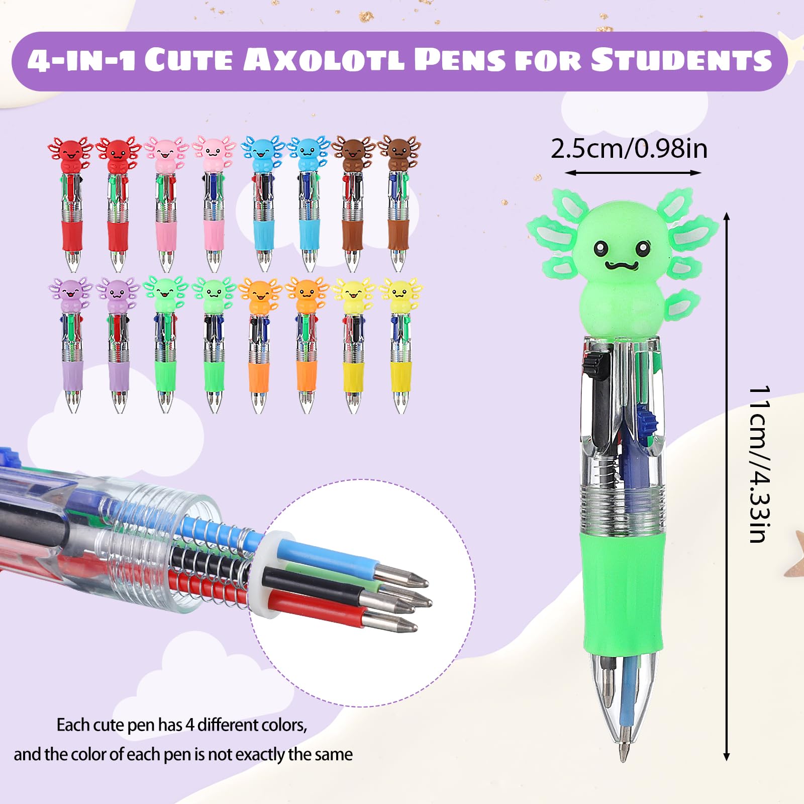 BESARME 48 Pcs Axolotl Pens for Students, 4-in-1 Cute Pen Gifts