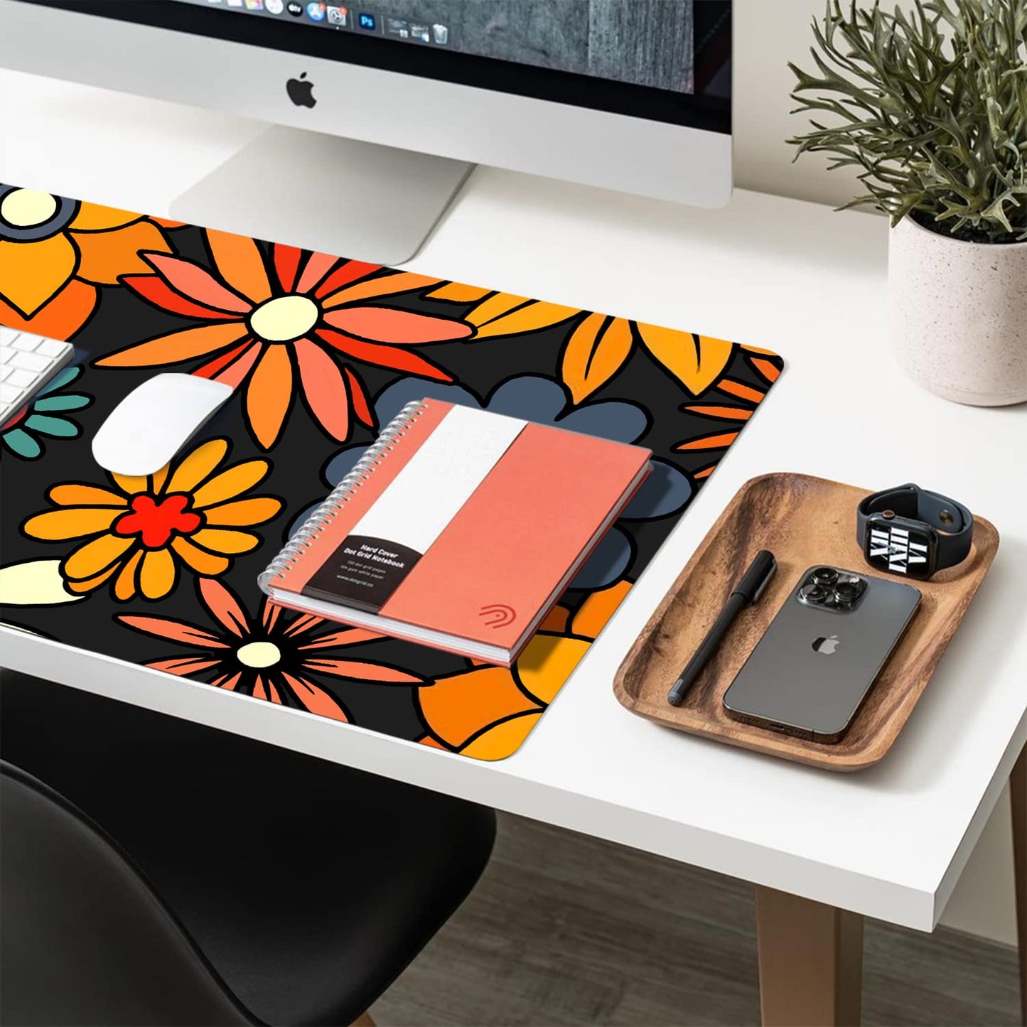 Floral Desk Mat, Non-Slip PU Leather Desk Pad, Retro Flower 27.5"x13.8"