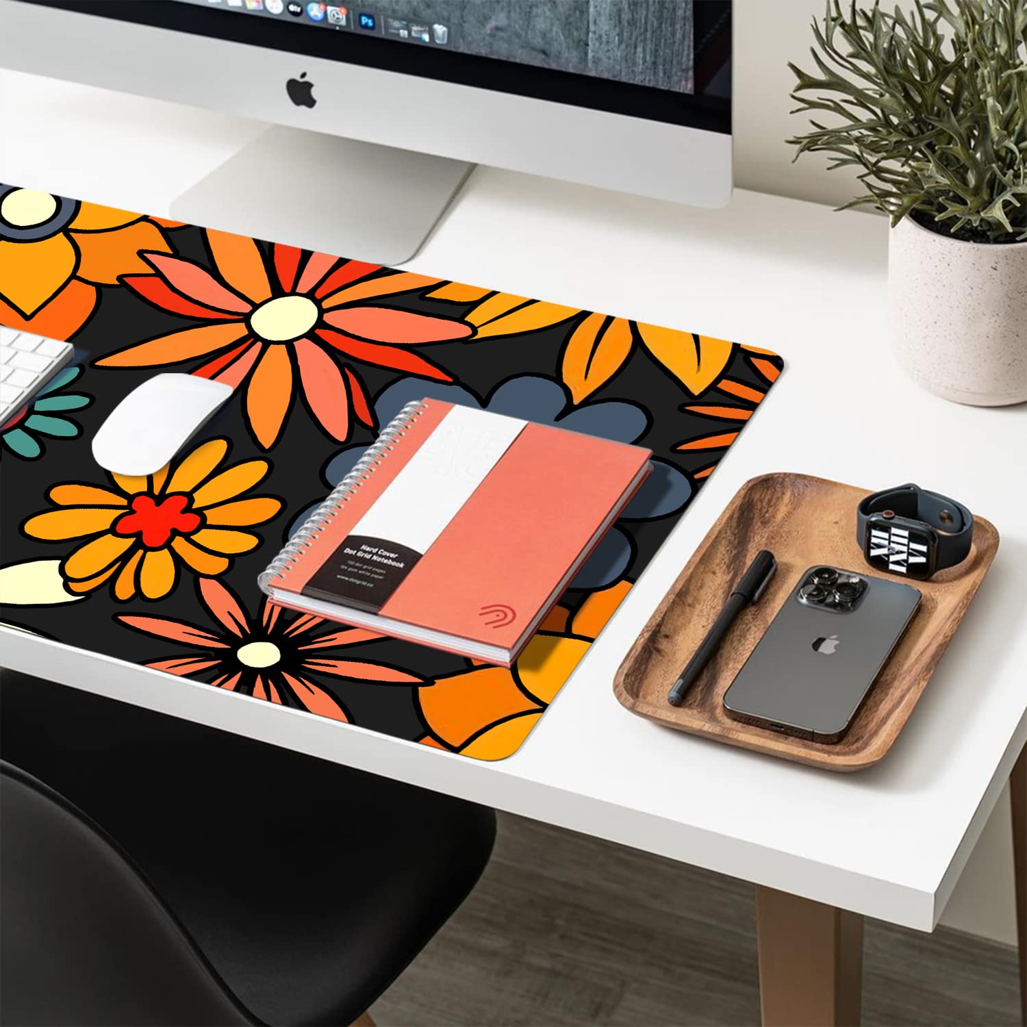 Floral Desk Mat, Non-Slip PU Leather Desk Pad, Retro Flower 27.5"x13.8"