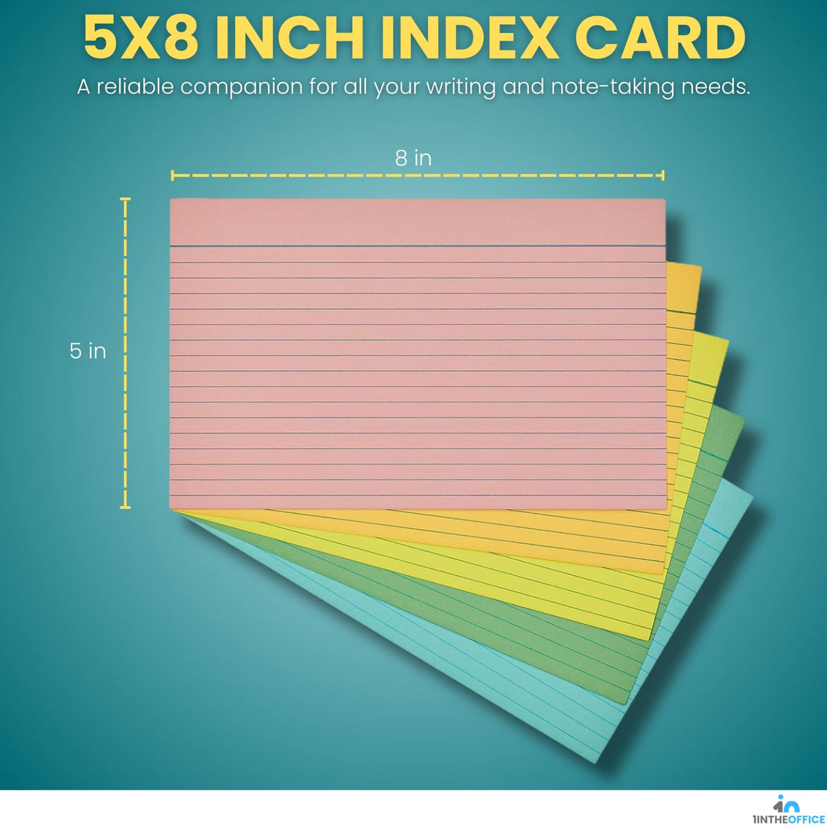 1InTheOffice Index Card 5x8 Ruled, Lined Note Cards, Flash Cards, Assorted Colors, 300/Pack