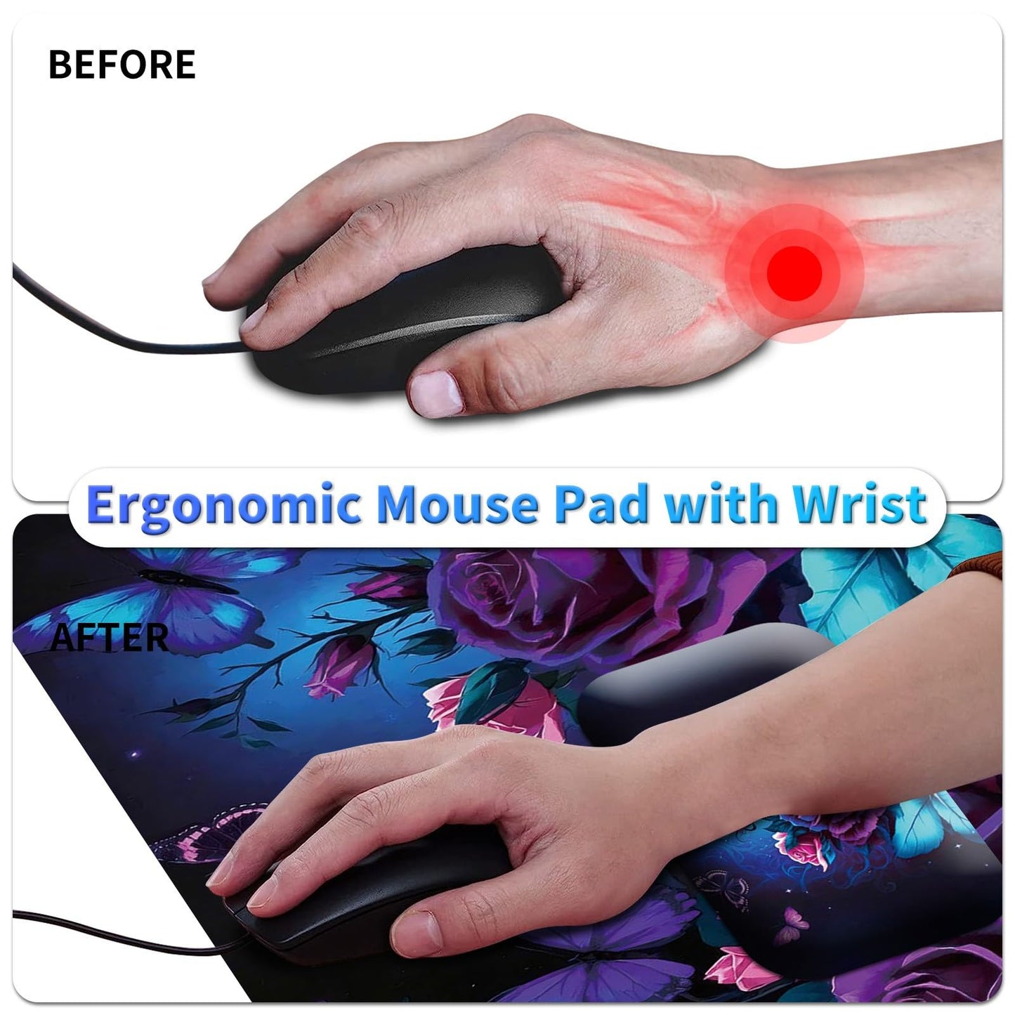 Large Gaming Mouse Pad 27.5 x 11.8 inch & Small Wrist Rests with Coasters and Purple Rose and Blue