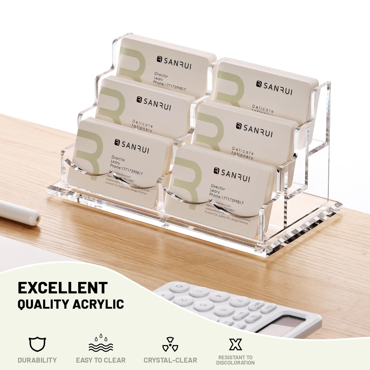 SANRUI Clear Acrylic Desk Business Card Holder, 6 Horizontal Slots